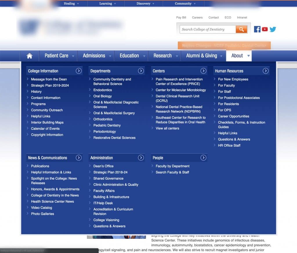 Too many departments in your Independent School Website cause confusion like this example of a university website with a ton of departments listed like a directory.