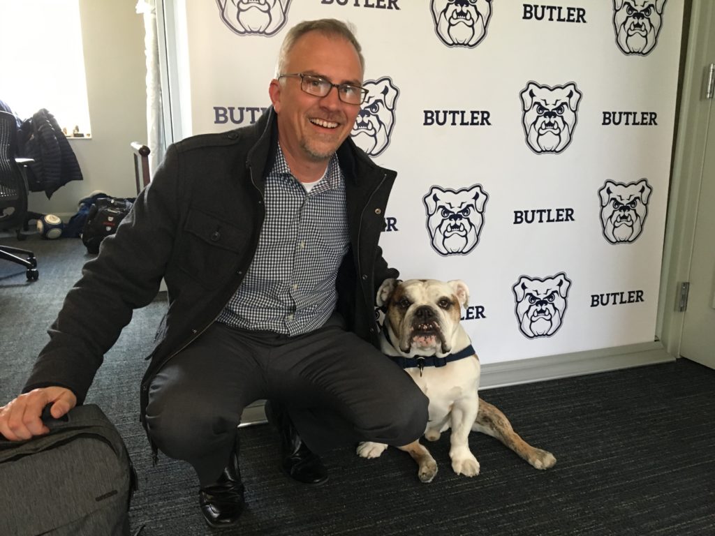 In this image, I got to meet Blue, the star of Butler U's marketing mascot program and see how they use their live mascot to create school spirit and strengthen their education branding..