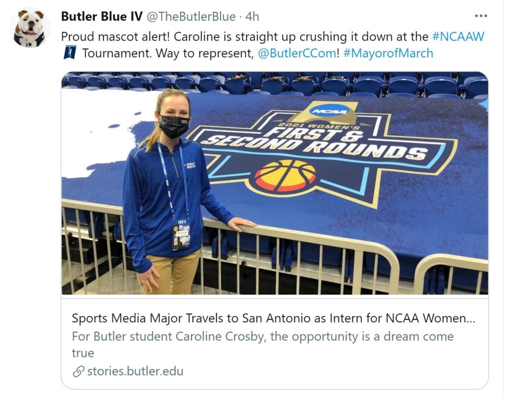Butler University uses their Bulldog mascot marketing program as the voice of their social media account.