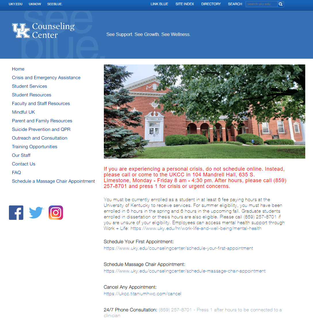 UK Counseling Center web page image with assistance options