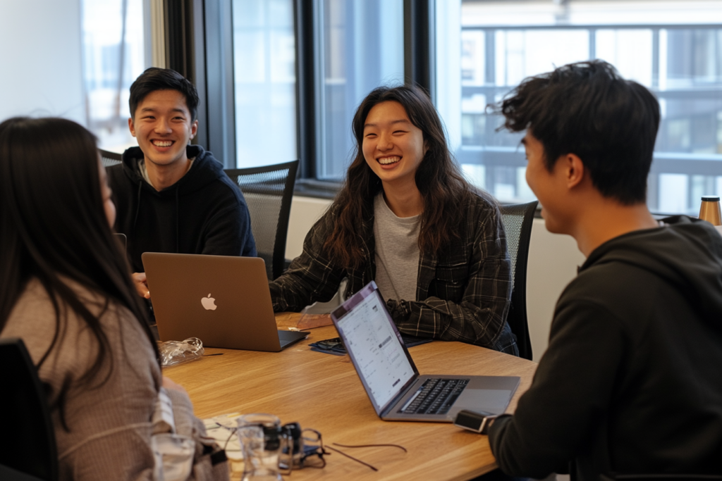 Group of interns working with their boss illustrates how to use AI tools in higher ed marketing. Treat them like interns!