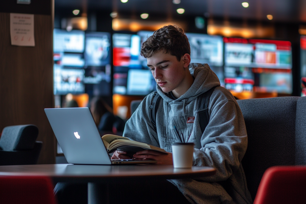 A student working on a laptop illustrates How Higher Ed Marketers Can Use AI to Improve Critical Thinking