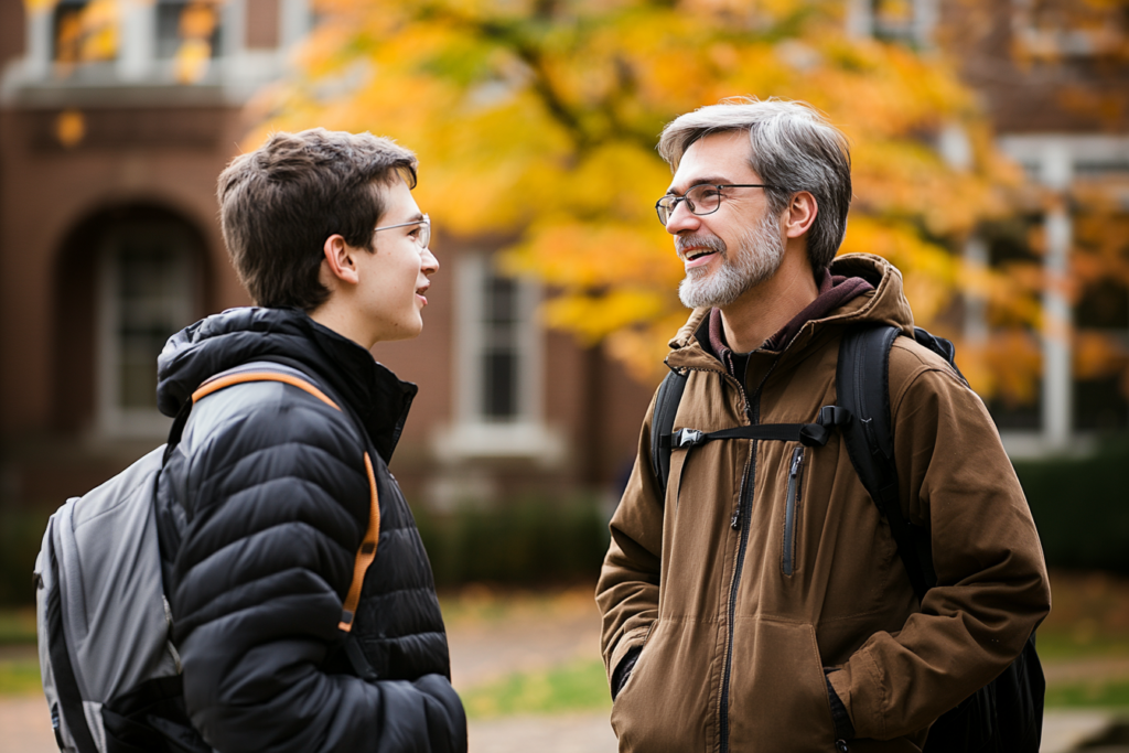 Illustration of professor and student working on cross-departmental collaboration.