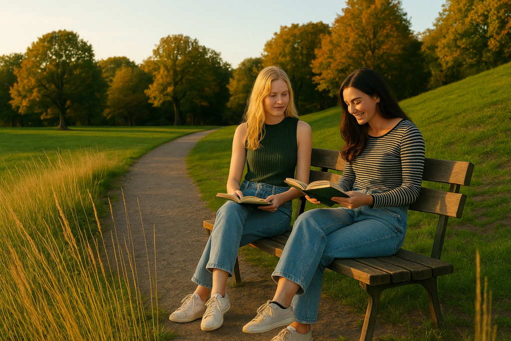 Students reading on a bench
