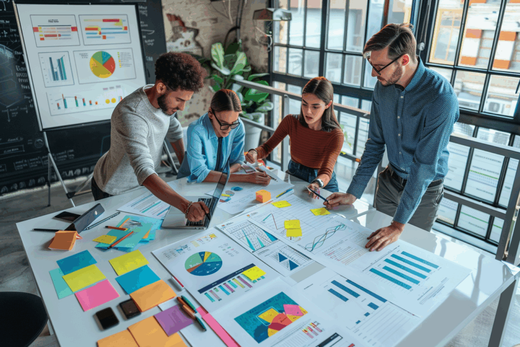 Illustration showing a marketing team coming up with a multi-campus branding strategy. 