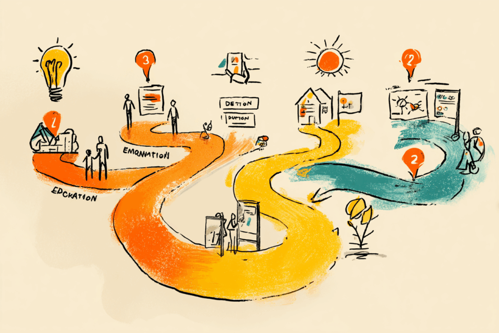 Illustration showing how creating a generative AI playbook helps your marketing team reach it's goals with consistency and efficiency. 