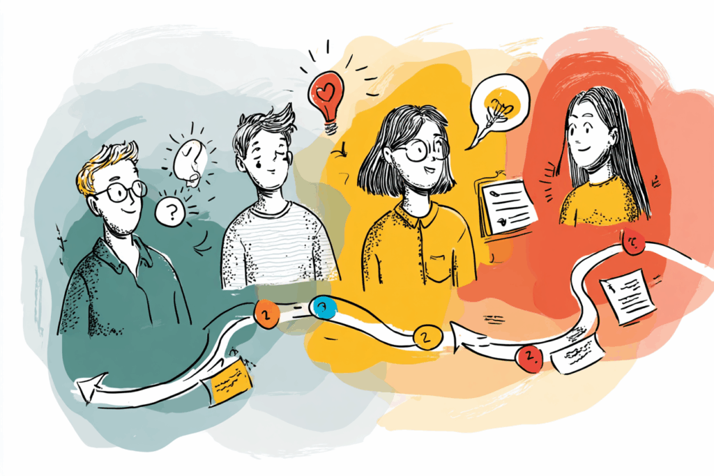 Illustration showing students who found their university through a well-executed mission-fit enrollment strategy. 