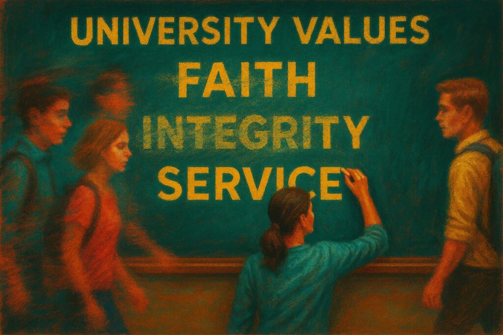 Illustration showing how to set up your values for your higher ed turnaround strategy.