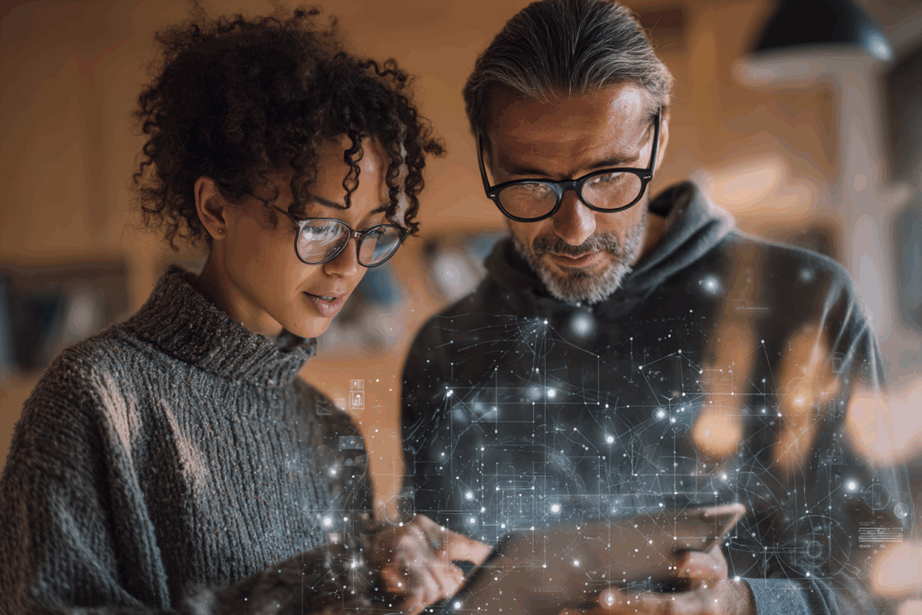 Illustration showing how higher ed marketers can use both AI and authenticity to reach new students.