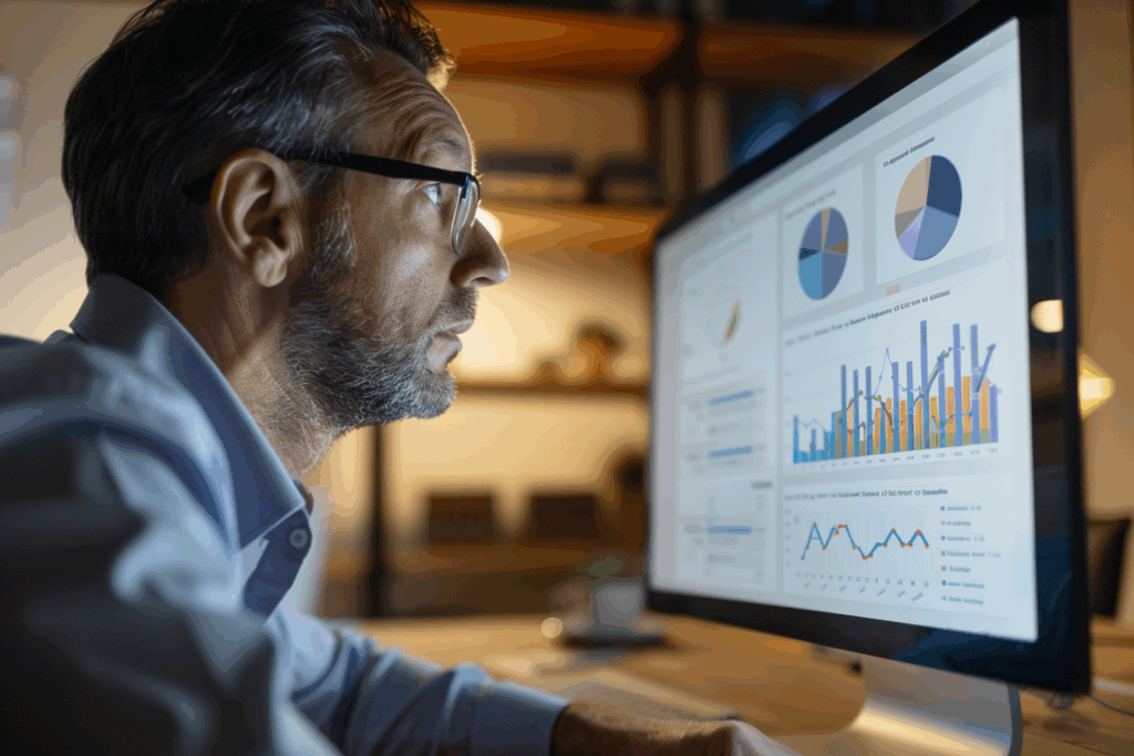Illustration of a marketer looking at charts showing the ROI of AI.