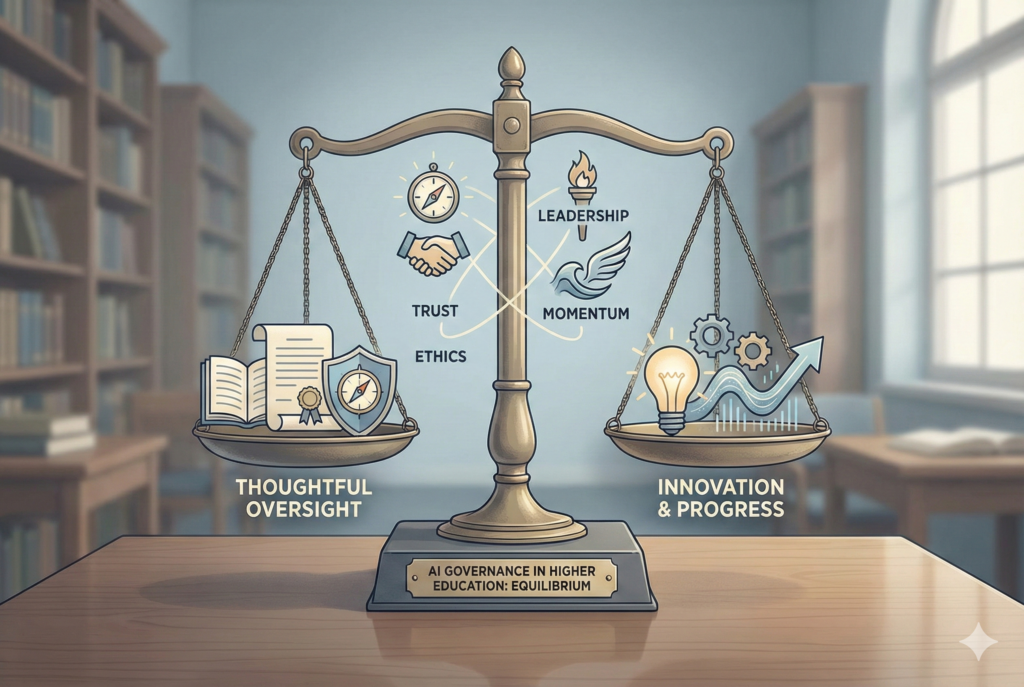 Illustration showing how risk governance has to be a part of a proper AI strategy for higher education.
