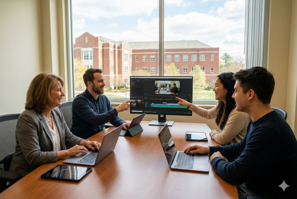 Illustration showing marketers learning the future of higher ed video marketing.