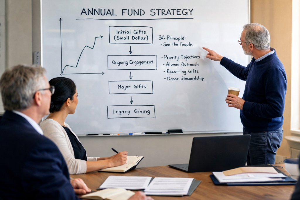 Illustration showing how a higher education fundraising strategy maps out how to optimize the annual fund srtategy.