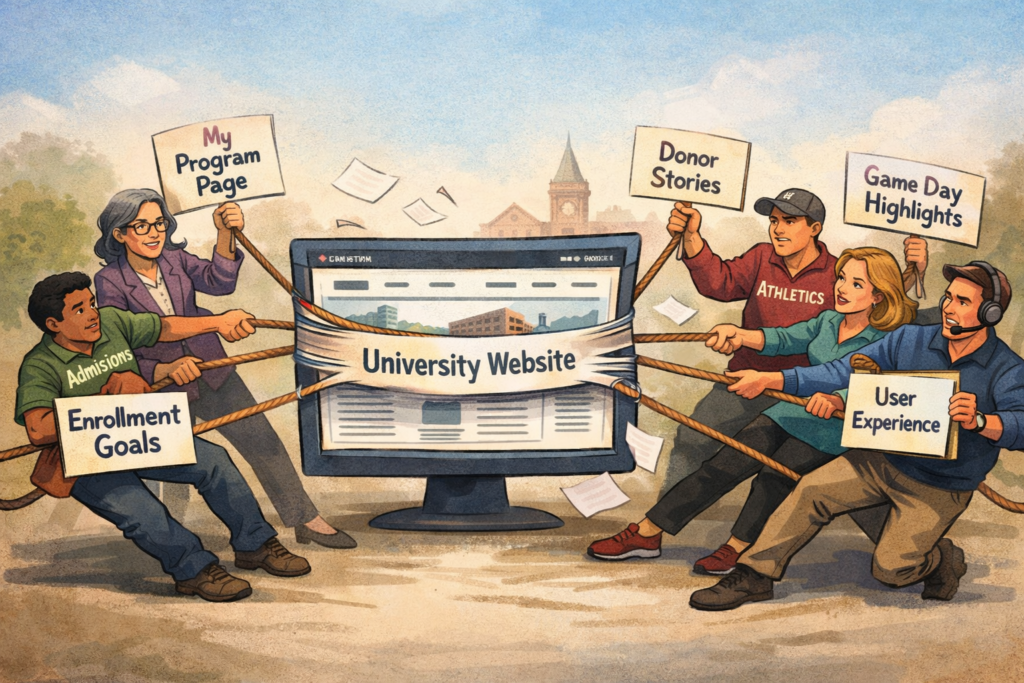 AI generated image illustrating the different interests involved when crafting a higher ed website redesign strategy.