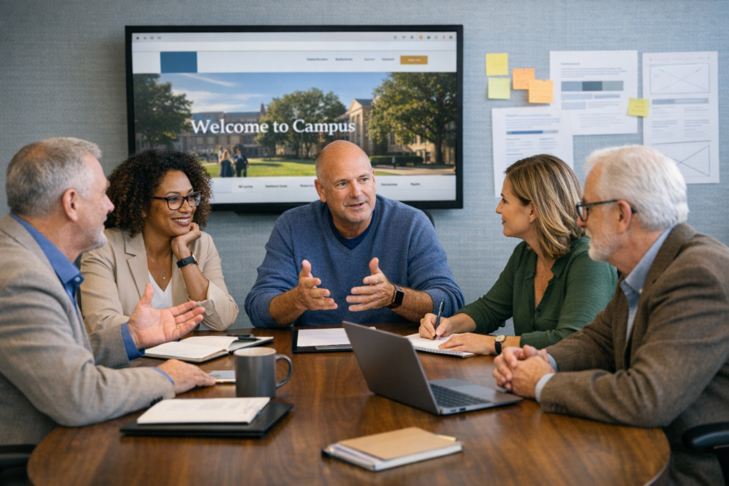 AI generated image of a higher ed marketing team working on a higher ed website redesign strategy.