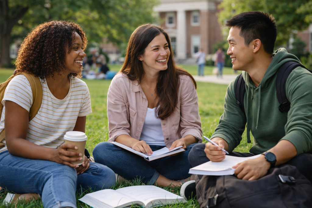 AI generated illustration of college students enjoying the quad. All of them are there because of Instagram for higher education marketing.